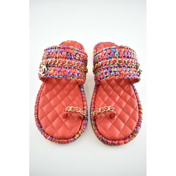 Chanel 20S Red Blue Purple Raffia Tweed CC Logo Mule Slide Strap Flat Sandal 36 - Picture 7 of 12